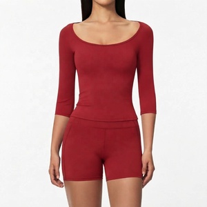 Wholesale Custom Logo Soft <b>Long</b> <b>Sleeve</b> <b>Crop</b> Top Shorts Yoga Active Wear Sets Women Seamless Gym Fitness Sets - Product Image 1