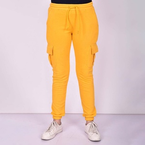 Pantalon cargo jaune pour femme, couleur unie, taille à cordon, en coton tricoté, décontracté, longueur cheville, avec poches, style automne - Product Image 1