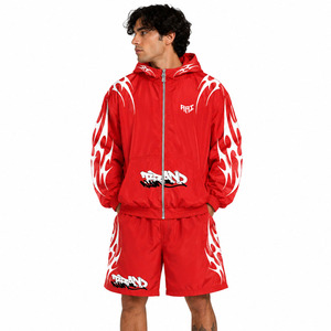 Trendy Red Custom Men's Graphic Gothic Logo Hoodies & Windbreaker Men Jacket & Shorts Set Streetwear Sportswear OEM Manufacturer - Product Image 1
