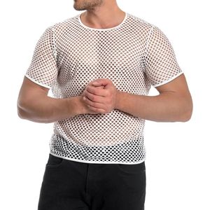 Chemises décontractées personnalisées à col rond blanc éclatant en maille perforée à manches courtes, très extensibles, style loungewear moderne, effet résille - Product Image 3