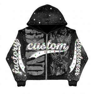 Sudadera con capucha corta de felpa francesa gruesa personalizada, con estampado gráfico, parche bordado, pedrería y gemas, estilo streetwear. - Product Image 1