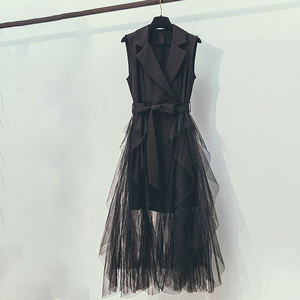 Vestidos Largos de Mujer Estilo TWO TWIN con Cuello con Muescas, Sin Mangas, Cintura Alta, Patchwork, Cordones, Malla Empalmada y Color Sólido - Product Image 4