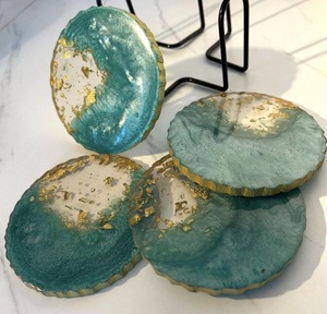High Quality Eco-Friendly Modern Resin Oval Mats/Pads <b>Green</b> Gold Leaf Design 400mm Diameter 5mm Thick Stocked Custom Brand Home - Product Image 2