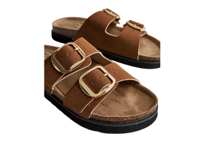 Black PU Strap Double Buckle Anti-<b>Slip</b> Fashion Trend Flat Sandals Open Toe Summer Wear Breathable Cork Midsole Rubber Outsole - Product Image 6