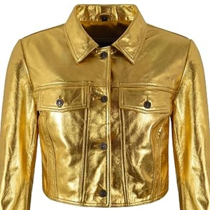 Veste de motard courte en cuir véritable doré métallisé style denim pour femme, personnalisée pour l'université, avec boutons sur le devant - Product Image 2