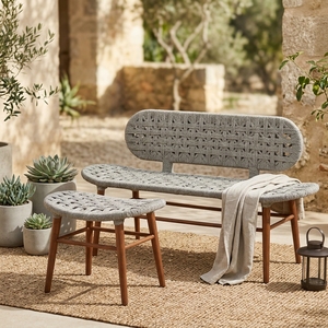 New Modern Minimalist Morgan Wooden <b>Bench</b> Outdoor Rope Lace Weaving Backrest Long Dining <b>Bench</b> Chair Living Room Patio Garden - Product Image 5