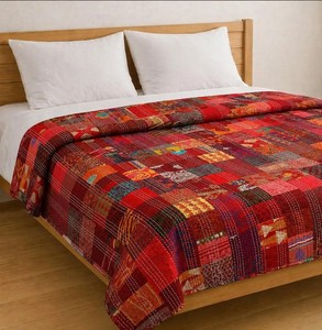 Indian Silk Throw Blanket <b>Handmade</b> Silk Kantha Bedspread Colorful Patchwork Kantha <b>Quilt</b> - Product Image 3