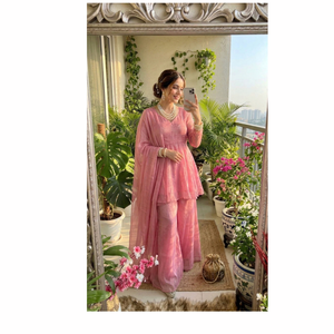 Ensemble Kurti Premium en Soie Solide et Croquante à Col en V, Séchage Rapide, Manches Longues, Taille Élastique, Palazzo Assorti, Dupatta, Tenue de Soirée Ethnique - Product Image 2