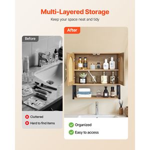 Mobiletto da Bagno a Parete con 2 Ante e Ripiano Regolabile per Organizzazione WC e Medicinali in Materiale MDF - Product Image 2