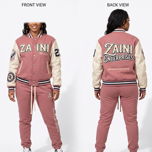 Women Varsity Tracksuit 400 GSM Cotton Polyester Fleece Pink Cream Contrast Sleeve Chenille <b>Embroidery</b> Twill Patch Custom Logo - Product Image 1