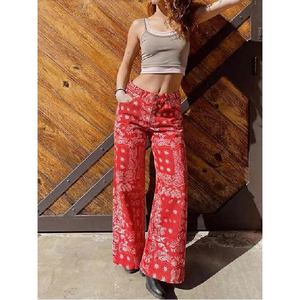 Wholesale Custom <b>Women</b> <b>Red</b> Bandana Paisley Printed Denim <b>Jeans</b> High Waist Casual Straight Leg Y2K Streetwear Fashion Trousers - Product Image 3