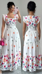 Nouvelle Robe Longue Maxi Élégante Blanche Broderie Florale pour Femme, Manches Courtes Volantées, Col Carré, Superbe Robe Longue Étages Coupe A-Line - Product Image 3