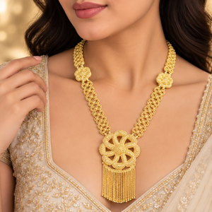 Statement Floral Tassel Long Necklace <b>Set</b> | 24K Gold Polish Copper Brass <b>Jewelry</b> | <b>Bridal</b> Earrings Bracelet and Ring Combo <b>Set</b> - Product Image 2