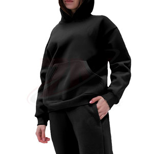 Chándal Negro con Capucha para Mujer, 100% Algodón, Corte Holgado Informal, Largo, Color Sólido, con Bolsillos Laterales, para Otoño - Product Image 3