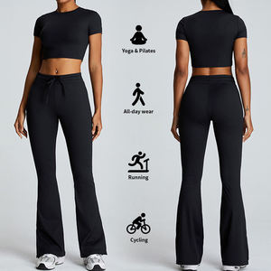Ensemble de yoga pour femme bleu clair : Crop top et legging taille haute longueur intégrale, 2 pièces en Spandex et Polyester extensible dans les 4 sens avec cordon de serrage - Product Image 5