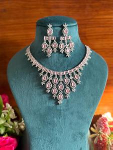 Light Pink Zircon <b>Statement</b> <b>Necklace</b> and Earrings Set Silver-Plated American Diamond Jewelry for Women Handmade Bulk Product - Product Image 5