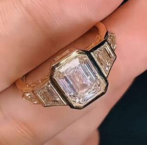Vintage Art Deco <b>Emerald</b> Cut Moissanite Diamond Engagement <b>Ring</b> Multi Shape Side Stone <b>Silver</b> Plated Bezel Setting Trendy IGI - Product Image 3