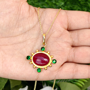 Women's fashion necklace ruby jade with emerald quartz oval pendant necklace 18k gold plated <b>beaded</b> designer statement necklace - Product Image 3