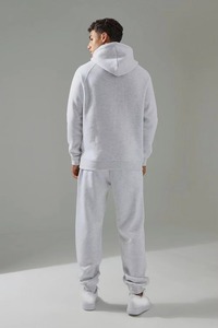 Ensemble de survêtement unisexe gris à capuche anti-plis 100 % coton couleur unie décontracté avec sweat-shirt et pantalon de jogging longs, logo sur le devant - Product Image 3
