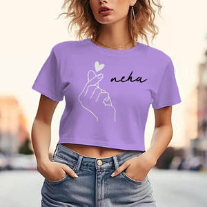 T-shirt court décontracté pour femme, col rond, en coton et élasthanne, respirant, style personnalisé, imprimé. - Product Image 2