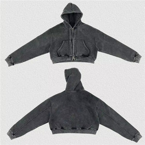 เสื้อฮู้ดซิปผู้ชายสไตล์วินเทจสำหรับฤดูหนาว ทรงครอป โอเวอร์ไซส์ ทรงบ็อกซี่ ผ้าคอตตอนฟลีซหนานุ่ม สตรีทแวร์  รับสกรีนโลโก้ - Product Image 3