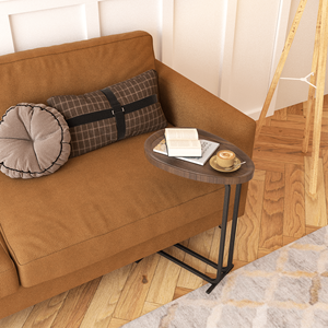 <b>C</b> Shaped Wood Nightstand with Metal Frame for Sofa or Bedside Couch Side <b>Table</b> with Slide - Product Image 3