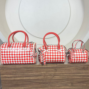Premium Red & White Checkered Pattern Genuine <b>Leather</b> Travel Duffel Bags Designer Crossbody Large Capacity Travel Weekender Bags - Product Image 4