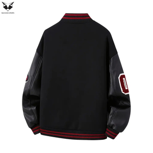 Highest Quality <b>Men</b> Varsity <b>Jacket</b> Black PU Leather Sleeve Patchwork Bomber <b>Jacket</b> Red Stripe Rib Streetwear <b>Baseball</b> Coat - Product Image 2