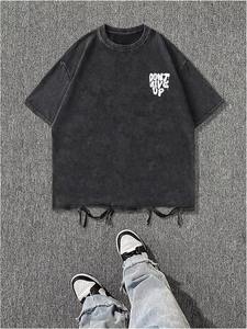 T-shirt respirant de qualité supérieure, délavé à l'acide, style streetwear noir, hip-hop, logo personnalisé, coupe classique, homme, 100% coton tricoté 220g - Product Image 3