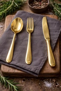 Ensemble de couverts modernes écologiques en métal et laiton pour la cuisine et la décoration de table de mariage, avec fourchette, cuillère et couteau à beurre miroir, pour usage de table - Product Image 2
