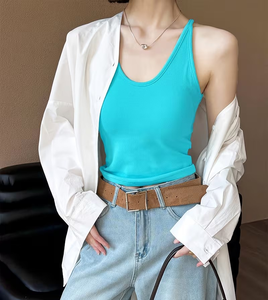 Women's Turquoise Ribbed Knitted Halter Neck Short Tank Top Casual Breathable Solid Color Polyester/Cotton Blend Customizable - Product Image 3