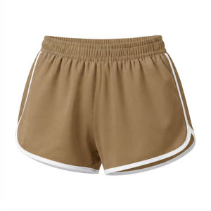 Shorts de sport marron pour femme, taille mi-haute élastique, en polyester tricoté respirant, coupe régulière, couleur unie, style décontracté - Product Image 1