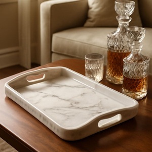 Plateau de service en marbre blanc, poignées en laiton, forme hexagonale, design moderne, plateau à nourriture, vaisselle décorative, planche de service - Product Image 5