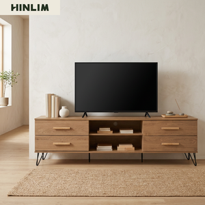 Meuble TV design scandinave moderne 1,8 m en chêne avec panneau stratifié métallique, console multimédia en bois avec tiroirs et étagères ouvertes pour salon - Product Image 2