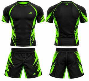 JS <b>Men's</b> Black Green Digital Print Custom Logo Front MMA Rash Guard Compression Shirt <b>Shorts</b> Set Fitted Moisture Wicking - Product Image 1