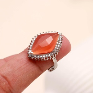 925 <b>Sterling</b> <b>Silver</b> Marquise Orange Coral <b>Ring</b> <b>Adjustable</b> Statement Gemstone Vintage Cocktail Bridal Jewelry for Women - Product Image 3