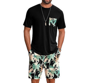 Men's Black Floral Print T-Shirt <b>Set</b> With Pocket Casual Summer Shorts Crew Neck <b>Knitted</b> Breathable Outfit - Product Image 2