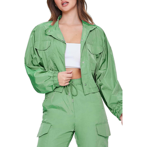 Women's Green Solid Casual Waterproof 2 Piece <b>Set</b> Long Sleeve <b>Blazer</b> Top Cargo Pants Regular Fit Short Breathable 100% Nylon - Product Image 6