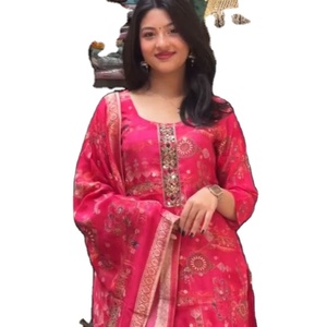 KARWA CHOWTH Especial para Fiestas, Kurti Elegante de Corte Recto con Borde de Piel Sintética y Seda Georgette Multicolor sin Costuras - Product Image 1