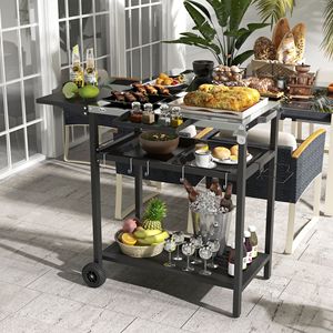 Carrello da Cucina Portatile Moderno per Esterni, Piano in Acciaio Inossidabile Nero, Doppio Ripiano, Realizzato in Legno MDF per Avventure Culinarie e Isola BBQ - Product Image 2