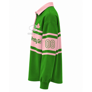 Alpha | Kapa | Alpha <b>Women's</b> Striped Pique <b>Rugby</b> Shirt Color Block Long Sleeve Polo Collar Pullover Embroidered Graphic <b>Top</b> - Product Image 3