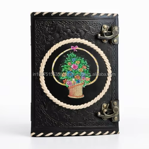 New Launch Hand Painted Handmade High Quality Black Leather Journal Flower Basket Art Vintage Notebook Metal <b>Lock</b> Leather - Product Image 1