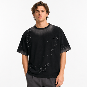 Camiseta Oversize de Lujo con Pedrería y Efecto Lavado, Estampado de Logotipo Personalizado, Hombro Caído, Estilo Urbano, Camisetas de Hombre de Moda, Suministro OEM - Product Image 1