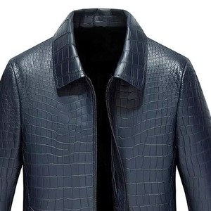 Chaqueta de Cuero Azul Oscuro para Hombre, con Estampado de Cocodrilo, Cuello Camisero, Cierre de Cremallera, Corte Ajustado Informal, para Otoño - Product Image 4