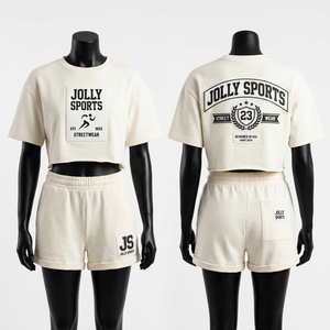 Conjunto de Top Corto y Pantalones Cortos de Felpa de Algodón de 300 g/m² para Mujer, con Logotipo Personalizado, Estampado Serigrafiado, Ropa Urbana de Dos Piezas - Product Image 1