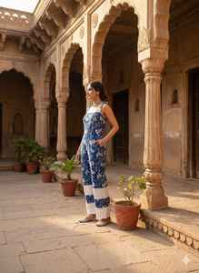 Mono de algodón azul índigo con estampado a mano, de pierna ancha, sin mangas, estilo bohemio, étnico indio, para mujer, de verano, moda resort - Product Image 5