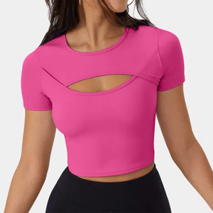 Top Corto de Punto Calado Color Durazno para Mujer, Manga Corta, Cuello Redondo, Corte Ajustado, Estilo Deportivo, para Primavera/Verano - Product Image 4