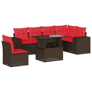 Set di divani da giardino in polyrattan marrone da 7 pezzi con cuscini, mobili da giardino - Product Image 2