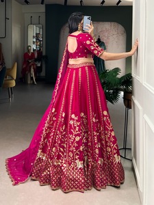 Wholesale Natural Silk Wedding Lehenga Choli With Sequins Thread Embroidery And Double Cancan Bulk Supply India - Product Image 4