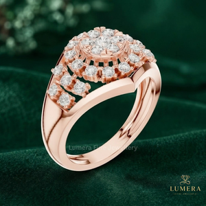 <b>Vintage</b> Inspired Lab Grown Round Diamond Cluster <b>Ring</b> With Layered Halo, Elevated Open Basket Setting And <b>Gold</b> Band <b>Ring</b> - Product Image 5